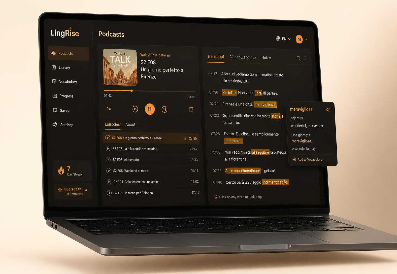 Interface de LingRise : lecteur de podcast avec transcription synchronisée et fiche de vocabulaire